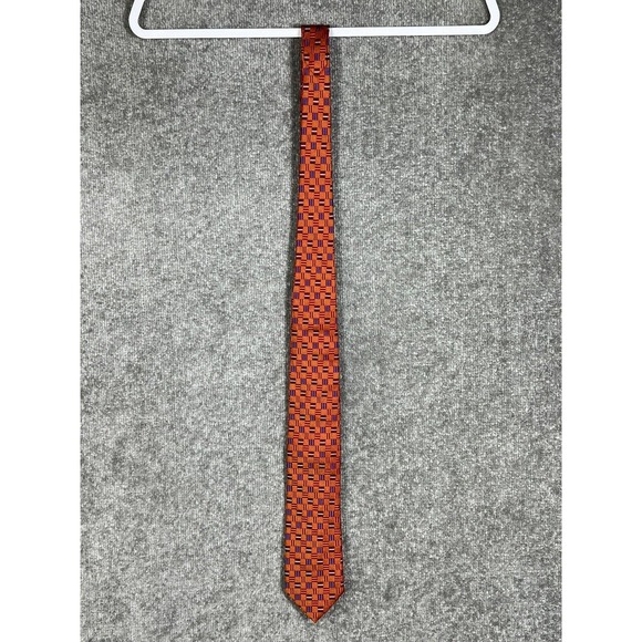 DUCHAMP London Geometric Striped Squares SILK Tie Red Orange Hand Made‎ Textured - Picture 1 of 11